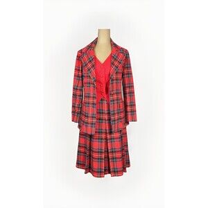 Vintage 70s Red Plaid Tarten Wool 3 Piece Skirt Suit Women’s XS